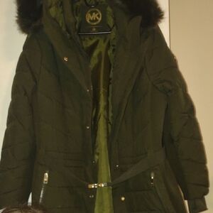 Michael Kors Dark Green Puffer Coat with Fur Trim
